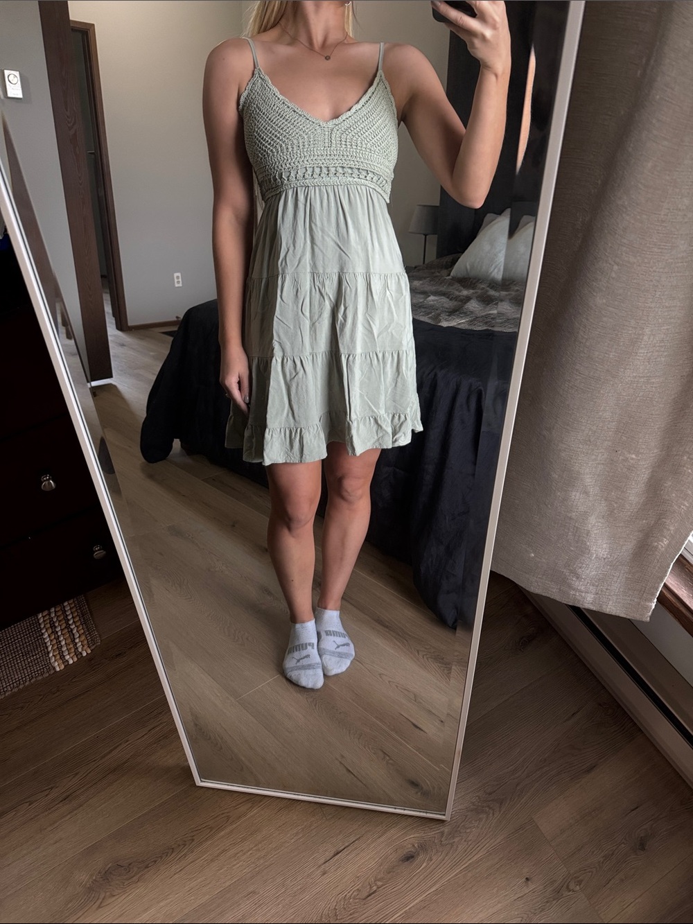 Light Sage Crochet-Bodice Spaghetti Strap Dress